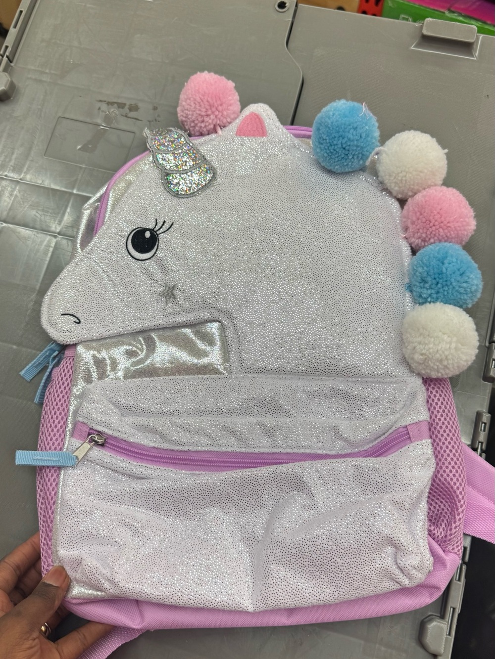 Kids Glitter Unicorn Backpack with Pom-Pom Mane - Pink & White
